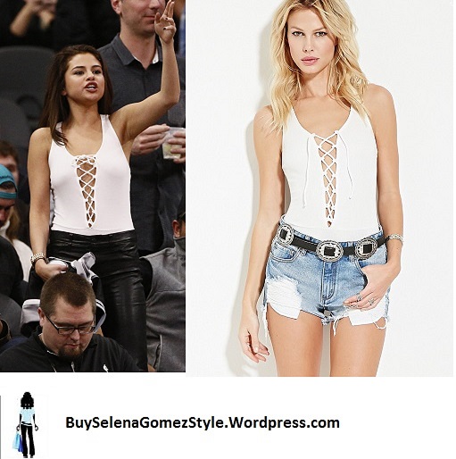 Selena Gomez white lace up top black leather trousers instagram