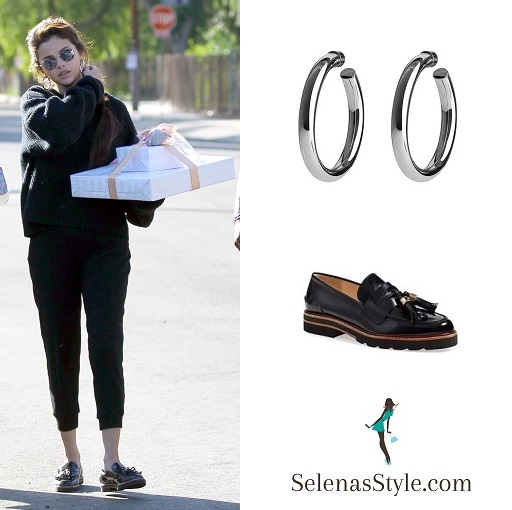 Selena Gomez style black loafers black sweater black sweatpants silver hoop earrings February 2018