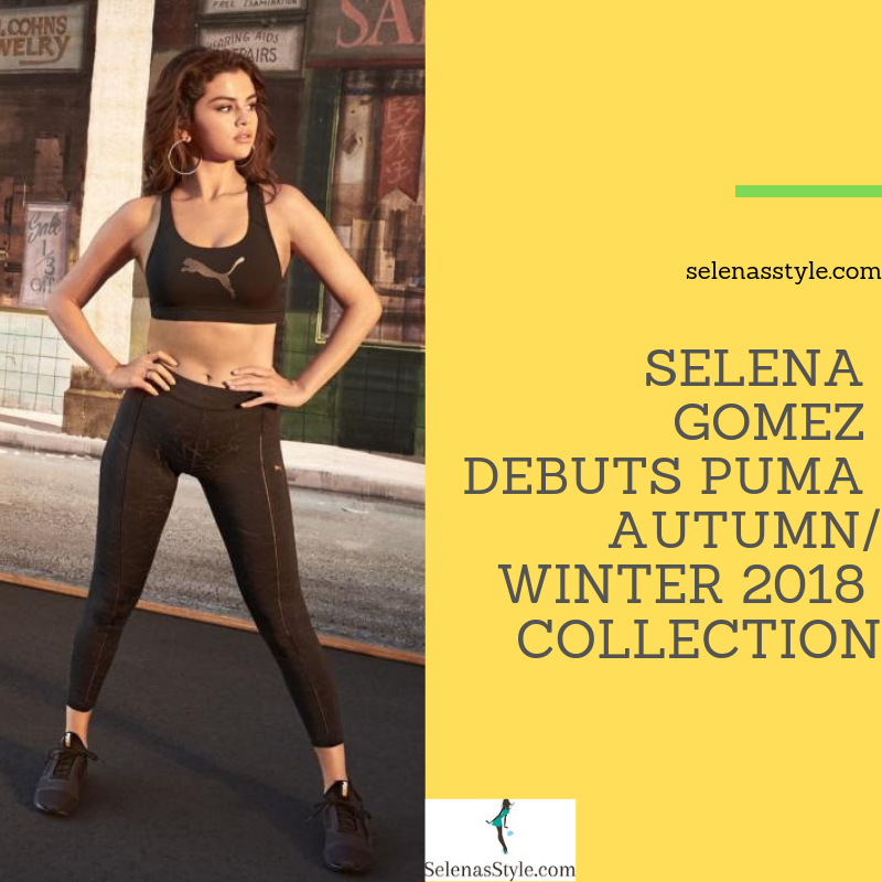 Where to get Selena Gomez black Puma bra top black leggings black trainers October 2018